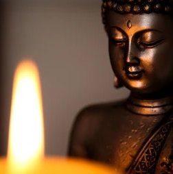 candle in front of statue of Buddha