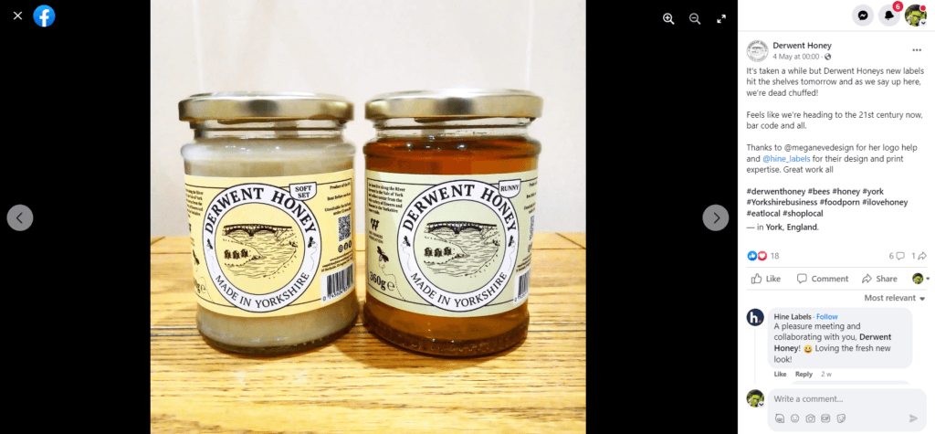 Jars of Derwent Honey on a screenshot of a social media post